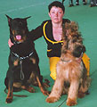 Trainer Svetlana Dewald with a beauceron and Beaute, 26.04.03, StPeterburg, before the show, photo: Trubina, 35kb, 351x400p